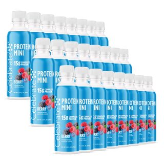 Plusieurs bouteilles de Celebrate Protéine Mini Berry sur fond blanc