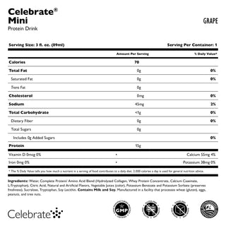 Étiquette nutritionnelle pour la boisson Celebrate Mini Protéine saveur Grape sur fond blanc