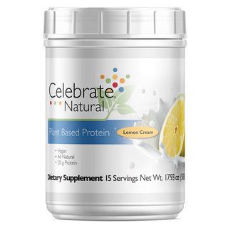 Photograph of Celebrate's vegan protein powder in Lemon Cream flavor in a 15 serving tub