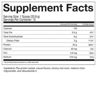 Supplement facts for Celebrate's natural vegan protein powder in Lemon Cream flavor in a 15 serving tub